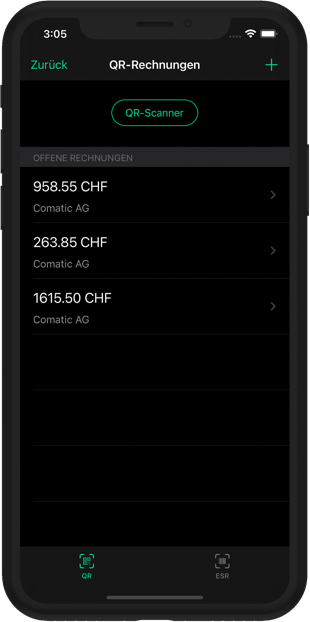 Capture d'écran de Comatic – Application Comatic : QR-factures ouvertes avec le scanner QR