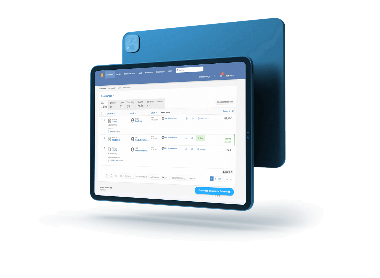 Capture d'écran de easybill – Invoice list with document statuses on a tablet