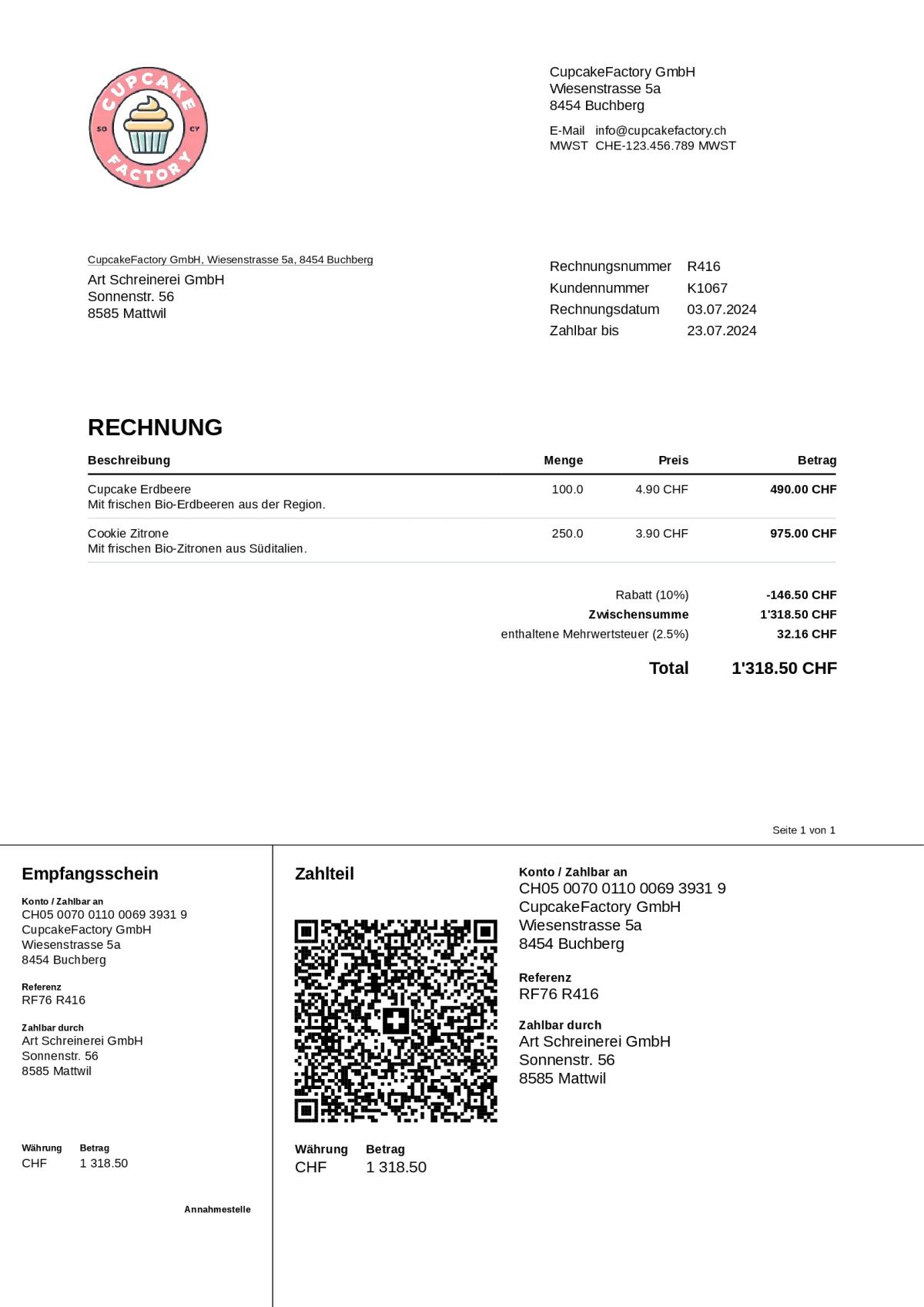 Capture d'écran de koleo – Facture finale en PDF, avec la section paiement et le récépissé de la QR-facture