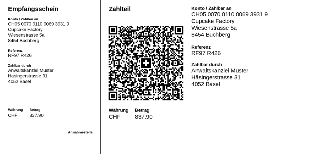 Capture d'écran de koleo – Gros plan sur la section paiement de la QR-facture : QR-IBAN, référence et montant en CHF