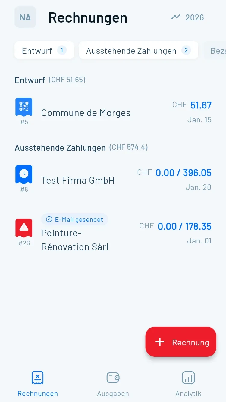 Capture d'écran de Magic Heidi – La même liste de factures dans l'application mobile, avec le bouton nouvelle facture