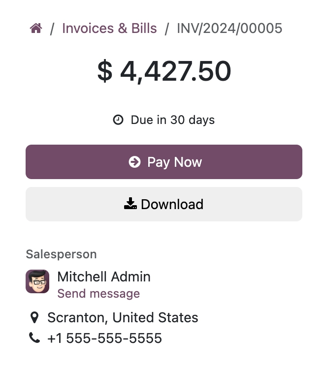 Capture d'écran de Odoo Invoicing – The customer portal, where a client views and pays an invoice