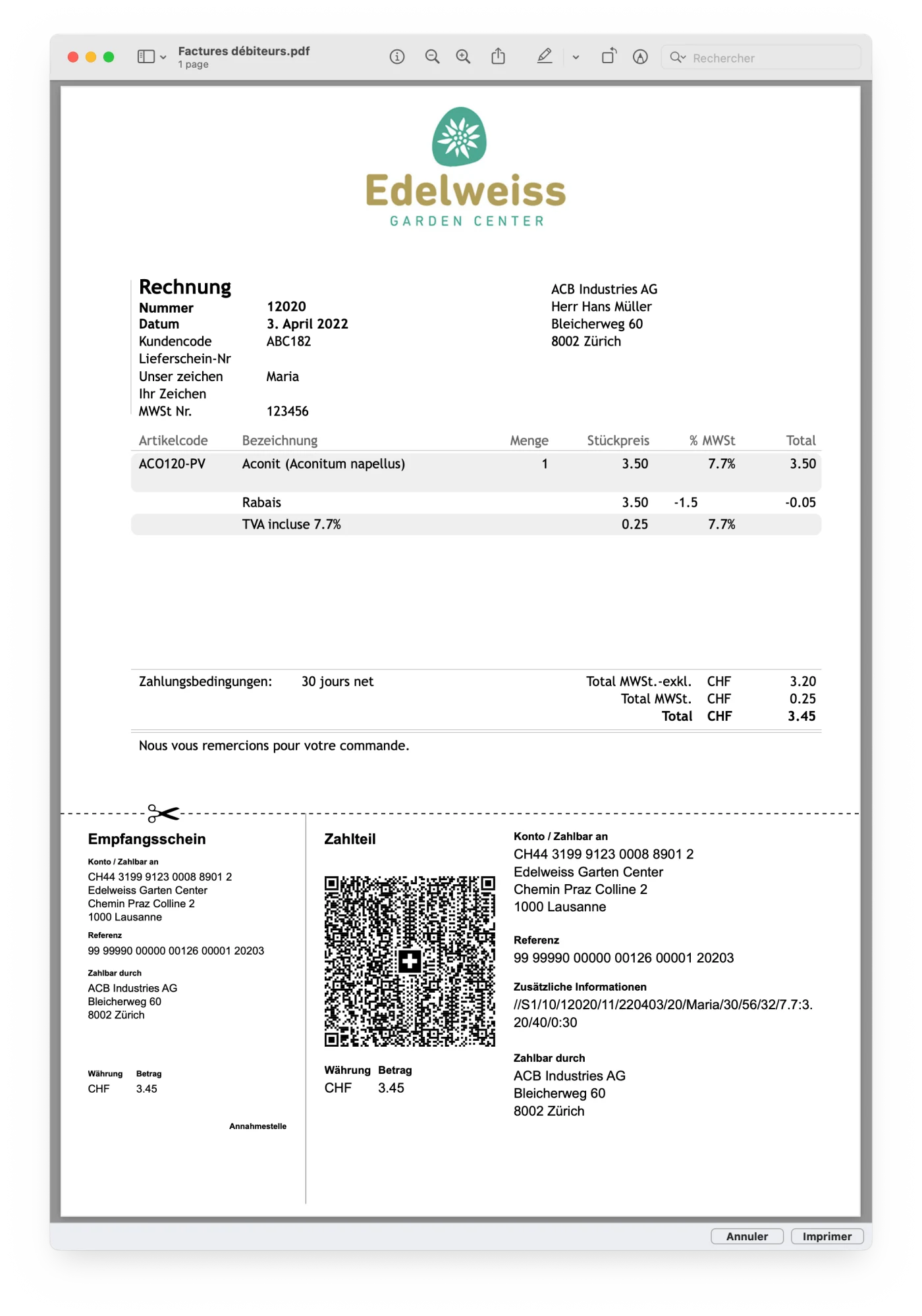 Capture d'écran de Office Maker Business – Aperçu d'une facture imprimée, avec la section paiement et le récépissé de la QR-facture