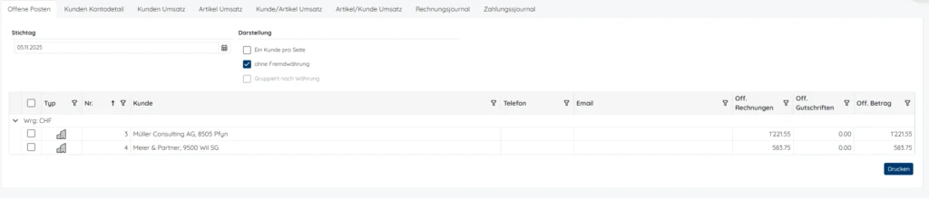 Capture d'écran de pebe Live – Liste des postes ouverts à une date donnée, avec le montant ouvert par client