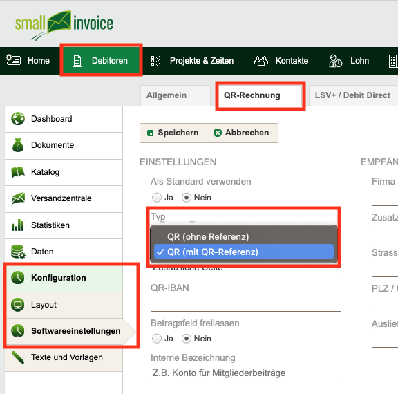 Capture d'écran de smallinvoice – Réglages de la QR-facture : type « QR avec référence QR » et QR-IBAN